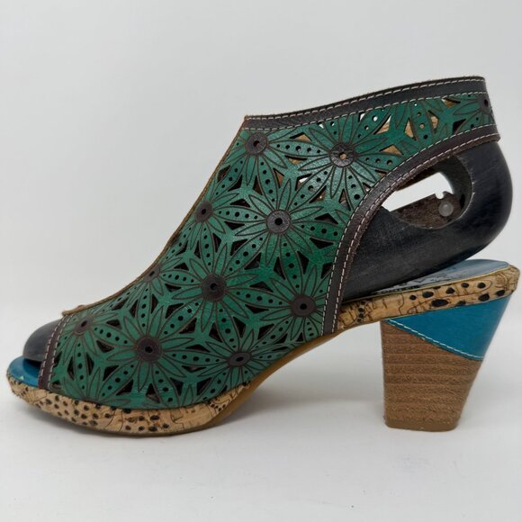 L'Artiste Hand Painted Leather Slingback Block Heels 7.5-8 - Picture 5 of 15